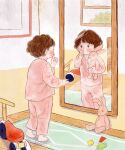  1girl barefoot blush brown_hair child different_reflection hand_up highres holding holding_stuffed_toy index_finger_raised indoors mirror original pajamas pink_pajamas reflection short_hair solo standing stuffed_animal stuffed_bunny stuffed_toy window yoovora 