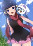  1girl :d bare_arms beanie black_hair blush cloud commentary dawn_(pokemon) day eyelashes gen_4_pokemon hat hatted_pokemon herunia_kokuoji highres long_hair looking_at_viewer on_shoulder open_mouth outdoors piplup pokemon pokemon_(creature) pokemon_(game) pokemon_dppt pokemon_on_shoulder red_scarf scarf signature sky smile starter_pokemon teeth tongue watermark 