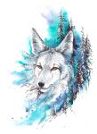  2019 abstract abstract_background anthro black_nose canid canine canis coyote elkir evergreen_tree forest fur hi_res landscape male mammal painting_(artwork) pen_(artwork) pine_tree plant simple_background solo splashes traditional_media_(artwork) tree watercolor_(artwork) white_background white_body white_fur yellow_eyes 