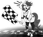  absurd_res anthro bra breasts camel_toe checkered_flag cleavage clothed clothing equid equine fan_character flag hasbro hi_res horse mammal monochrome my_little_pony nobody_(oc) one_eye_closed pan pony replica_(artist) solo underwear wink 
