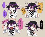  1boy bangs black_hair checkered checkered_background checkered_neckwear checkered_scarf commentary_request cropped_torso danganronpa_(series) danganronpa_v3:_killing_harmony evil_smile furukawa_(yomawari) grin hair_between_eyes hands_up highres index_fingers_together jacket long_sleeves looking_at_viewer male_focus multicolored_hair multiple_views open_mouth ouma_kokichi purple_eyes purple_hair scarf short_hair simple_background smile speech_bubble tongue tongue_out translation_request upper_body white_jacket 