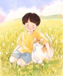  1boy absurdres black_hair blue_sky blush cat closed_eyes cloud cloudy_sky day flower flower_in_mouth grey_shorts highres open_mouth original outdoors plant shirt short_hair short_sleeves shorts sitting sky smile solo white_flower yellow_flower yellow_shirt yoovora 