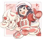  1girl :d alcremie alcremie_(strawberry_sweet) apron buttons commentary_request dawn_(pokemon) dress eyebrows_visible_through_hair eyelashes gen_8_pokemon grey_eyes grey_hair hair_ornament hairclip hat heart long_hair looking_at_viewer open_mouth pokemon pokemon_(creature) pokemon_(game) pokemon_masters_ex rate_(naze_besu_latte) red_dress red_mittens short_sleeves smile teeth thumbs_up upper_body white_headwear 