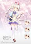  1girl absurdres alternate_costume ayanami_(azur_lane) azur_lane bag bangs blue_shirt blurry bow bowtie brown_footwear character_doll cherry_blossoms commentary_request cosplay depth_of_field expressions eyebrows_visible_through_hair eyes_visible_through_hair full_body headgear highres javelin_(azur_lane) javelin_(azur_lane)_(cosplay) javelin_(very_slow_advance!)_(azur_lane) keychain long_hair looking_at_viewer manjuu_(azur_lane) orange_eyes parted_lips pixiv_id plaid plaid_skirt pleated_skirt ponytail purple_skirt school_bag shironora shirt sidelocks silver_hair skirt smile solo standing standing_on_one_leg thighhighs translation_request twitter_username vest white_legwear wristband zettai_ryouiki 
