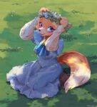  1girl :3 absurdres animal_ears animal_nose arms_up artist_name blue_dress blue_neckwear body_fur boots breasts brooch brown_footwear commentary_request cravat dappled_sunlight day dress flower flower_wreath fox_ears fox_girl fox_tail frilled_dress frills full_body furry grass green_background happy highres jewelry kneeling long_sleeves looking_up medium_breasts on_ground open_mouth orange_fur original outdoors purple_eyes short_over_long_sleeves short_sleeves signature sitting smile snout solo sunlight tail tanishi_(tanisi_tanbo) two-tone_fur wariza white_flower white_fur 