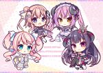 4girls :d apron bangs black_bow black_dress black_hair black_jacket black_legwear black_wings blush bow braid brown_dress brown_eyes brown_hair brown_skirt chibi closed_mouth commentary_request copyright_request crown curled_horns demon_girl demon_horns demon_tail demon_wings dress eyebrows_visible_through_hair fishnet_legwear fishnets frilled_apron frills green_eyes hair_bun hair_ornament hairclip hand_up hands_clasped hands_together horns interlocked_fingers jacket lightning_bolt long_hair long_sleeves mini_crown mismatched_legwear multiple_girls off-shoulder_dress off_shoulder one_side_up open_mouth own_hands_together pink_hair pleated_skirt puffy_long_sleeves puffy_short_sleeves puffy_sleeves purple_eyes ryuuka_sane short_sleeves side_bun skirt smile sparkle tail thighhighs translation_request twintails v-shaped_eyebrows very_long_hair white_apron white_legwear wide_sleeves wings x_hair_ornament 