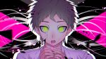  1boy asphyxiation bangs black_background blood blood_from_mouth brown_hair choking commentary_request danganronpa_(series) danganronpa_2:_goodbye_despair green_eyes hama_cheese hand_on_another&#039;s_neck hinata_hajime looking_at_viewer male_focus multicolored multicolored_background open_mouth outline pink_background pink_blood portrait shirt short_hair translation_request white_outline 