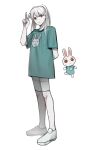  1girl absurdres animal_crossing animal_print arm_behind_back bangs bunny_print closed_mouth commentary_request freckles full_body gin_(euneunun) green_shirt grey_legwear hand_up highres long_hair looking_at_viewer open_mouth over-kneehighs pale_skin personification red_eyes ruby_(animal_crossing) shirt shoes short_sleeves shorts simple_background standing t-shirt thighhighs v white_background white_footwear 