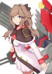  1girl azur_lane bangs black_capelet black_legwear blue_eyes breasts brown_hair brown_ribbon capelet clenched_hand coat commentary_request cowboy_shot dorsetshire_(azur_lane) dress eyebrows_visible_through_hair fur-trimmed_capelet fur_trim hair_intakes hair_ribbon long_hair long_sleeves looking_at_viewer marshall_k medium_breasts neckerchief parted_lips red_neckwear ribbon rigging searchlight sidelocks simple_background solo standing thighhighs torpedo_tubes turret white_background white_coat white_dress zettai_ryouiki 