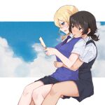  2girls adapted_uniform andou_(girls_und_panzer) bangs bc_freedom_school_uniform black_dress black_hair blue_neckwear blue_sky blue_sweater blush brown_eyes closed_mouth cloud cloudy_sky commentary dark_skin diagonal-striped_neckwear diagonal_stripes dress dress_shirt food food_in_mouth frown girls_und_panzer highres holding hug hug_from_behind invisible_chair letterboxed looking_at_another medium_hair messy_hair mouth_hold multiple_girls necktie open_mouth oshida_(girls_und_panzer) pinafore_dress pleated_dress popsicle popsicle_stick school_uniform sesame_(sesame_mas) shirt short_dress short_ponytail sitting sky striped striped_neckwear summer_uniform sweat sweater sweater_vest v-neck white_shirt wing_collar 