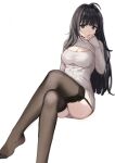  1girl ahoge black_hair breasts cleavage cleavage_cutout clothing_cutout covering_mouth crossed_legs dress garter_straps green_eyes grey_legwear grey_sweater highres hum_(ten_ten) invisible_chair large_breasts long_hair long_sleeves looking_at_viewer no_shoes original ribbed_sweater simple_background sitting sleeves_past_wrists solo sweater sweater_dress thighhighs thighs turtleneck turtleneck_sweater white_background 