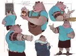  2021 anthro beverage bottomwear clothing coffee english_text hat headgear headwear hi_res hippopotamid humanoid_hands male mammal multiple_poses overweight overweight_anthro overweight_male pbnjr014 pose shirt shorts solo sweater text topwear 