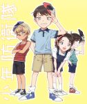 2boys 2girls :d amuro_tooru arm_behind_back arm_up bandaid bandaid_on_nose bangs black-framed_eyewear black_footwear black_shorts blonde_hair blue_eyes blue_footwear blue_overalls blue_shirt blue_shorts blue_vest bow bowtie brown_hair brown_shorts child closed_mouth collared_shirt commentary_request crossed_arms edogawa_conan full_body glasses hand_in_pocket highres k_(gear_labo) leaning_forward looking_at_viewer looking_to_the_side mask mask_on_head meitantei_conan miyano_akemi multiple_boys multiple_girls opaque_glasses open_mouth outline overalls red_bow red_footwear red_neckwear red_shirt salute scotch_(meitantei_conan) shirt shoes short_hair short_sleeves shorts simple_background sleeveless sleeveless_shirt smile sneakers socks standing time_paradox translation_request vest watch white_legwear white_outline white_shirt wristwatch yellow_background yellow_footwear younger 