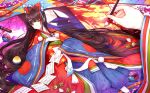 1girl ball black_hair bow calligraphy_brush fate/grand_order fate_(series) hair_bow highres japanese_clothes karaginu_mo kimono layered_clothing layered_kimono long_hair lying on_back paintbrush paper purionpurion scroll sei_shounagon_(fate) shell signature smile very_long_hair wide_sleeves yellow_eyes 