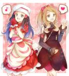  2girls :d apron bag blue_hair bow buttons commentary_request dawn_(pokemon) dress eyelashes grey_eyes hair_bow hand_up hands_together hands_up hat light_brown_hair long_hair long_sleeves looking_at_viewer multiple_girls musical_note open_mouth pink_bow pokemon pokemon_(game) pokemon_masters_ex red_dress red_mittens serena_(pokemon) shoulder_bag smile spoken_musical_note sunglasses teeth tongue white-framed_eyewear white_headwear yomogi_(black-elf) 