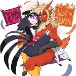  1:1 anthro avian bird blaziken blonde_hair blue_eyes chest_tuft demon duo embracing english_text feathers female grope hair helluva_boss hi_res hug looking_at_viewer mostly_nude nintendo octavia_(vivzmind) on_lap owl pink_eyes pok&eacute;mon pok&eacute;mon_(species) red_body simple_background sitting sitting_on_lap text tuft video_games yoelrabbit young 