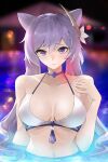 1girl bare_shoulders bikini blush braid breasts choker cleavage closed_mouth collarbone double_bun genshin_impact hair_bun hair_ornament half-closed_eyes hand_on_own_chest highres keqing large_breasts looking_at_viewer navel partially_submerged pool purple_eyes purple_hair swimsuit the_kingduke twintails upper_body water white_bikini 