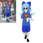  1boy 1girl absurdres adam_sandler adam_sandler_(cosplay) alternate_costume bangs black-framed_eyewear black_footwear blue_eyes blue_hair blue_ribbon blue_shirt blue_shorts casual cirno commentary cosplay crystal cup disposable_cup drink english_commentary flat_chest full_body grin hair_ribbon hand_up happy highres holding holding_cup ice ice_wings logo photo-referenced photo_(medium) real_life reference_photo ribbon shiny shiny_hair shirt shoes short_hair short_sleeves shorts simple_background smile socks standing standing_on_one_leg sunglasses superman_(series) teeth touhou umisaki walking white_background white_legwear wings 