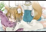  1boy 1girl animal_ear_fluff animal_ears archbishop_(ragnarok_online) back bangs blonde_hair blue_coat blush coat commentary_request eyebrows_visible_through_hair fox_ears fox_girl fox_tail hair_between_eyes indoors letterboxed looking_at_viewer lying on_stomach one_eye_closed open_mouth pillow pillow_hug plant ragfes ragnarok_online shirt short_hair tail the_pose translation_request two-tone_coat white_coat white_shirt window yutsuki 