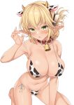  1girl aegis_(takunomi) animal_ears animal_print arm_up armpits bangs bare_arms bare_shoulders bell bikini blonde_hair breasts cleavage collar collarbone commentary_request cow_ears cow_horns cow_print elf enjou_kouhai_oshiego_wa_elf_ryuu_ningyo_jinrou eyebrows_visible_through_hair fake_animal_ears fake_horns folded_ponytail green_eyes highres horns large_breasts long_hair looking_at_viewer navel open_mouth pointy_ears ribbon side-tie_bikini simple_background sitting solo stomach strap_lift swimsuit takunomi wariza white_background white_bikini white_ribbon 
