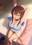  1girl ;o armpits arms_up bangs bare_legs barefoot bed_sheet blanket blue_bra blue_eyes blue_panties blue_shirt bra breasts brown_hair cleavage day eyebrows_visible_through_hair from_above indoors large_breasts long_hair looking_at_viewer looking_up maku_ro on_bed one_eye_closed open_mouth original panties pillow see-through shirt sitting sitting_on_bed sleeveless sleeveless_shirt solo stuffed_toy sunlight thigh_gap translation_request trash_can underwear v-shaped_eyebrows 