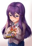  1girl absurdres artist_name bangs blue_skirt blush breasts chocolate commentary doki_doki_literature_club english_commentary eyebrows_visible_through_hair gradient gradient_background grey_background grey_jacket hair_between_eyes hair_ornament hairclip highres jacket large_breasts long_hair neck_ribbon open_mouth purple_eyes purple_hair red_neckwear red_ribbon ribbon sasoura school_uniform shirt simple_background skirt snowflake_hair_ornament solo sweatdrop white_shirt wing_collar yuri_(doki_doki_literature_club) 