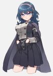  1girl alternate_costume black_gloves black_skirt blue_eyes byleth_(fire_emblem) byleth_(fire_emblem)_(female) cape cropped_legs eyebrows_visible_through_hair fire_emblem fire_emblem:_three_houses garreg_mach_monastery_uniform gloves hairband highres light_blush looking_down medium_hair official_alternate_costume pleated_skirt simple_background skirt solo soto 
