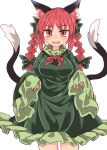  1girl animal_ear_fluff animal_ears bangs black_tail bow braid breasts cat_ears cat_tail chups cowboy_shot dress extra_ears eyebrows_visible_through_hair fangs frilled_dress frilled_sleeves frills green_bow green_dress hair_bow highres kaenbyou_rin large_breasts long_sleeves looking_at_viewer medium_hair multiple_tails neck_ribbon open_mouth red_eyes red_hair red_neckwear red_ribbon ribbon side_braids simple_background solo standing tail touhou twin_braids two_tails white_background 