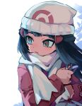  1girl artist_name bangs beanie black_hair blush coat commentary commentary_request dawn_(pokemon) grey_eyes hair_ornament hairclip hat highres holding long_hair long_sleeves looking_to_the_side open_mouth pokemon pokemon_(game) pokemon_dppt pokemon_platinum red_coat scarf solo watermark white_headwear white_scarf yonaga_story 