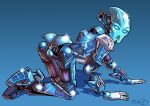  absurd_res armor bionicle blue_body blue_eyes blue_skin butt female genitals glistening glistening_body glowing glowing_eyes hi_res humanoid kneeling lego looking_at_viewer looking_back machine mask metal_skin nokama not_furry planz34 pussy robot simple_background solo toa 