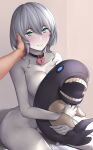  1girl absurdres abyssal_ship blue_eyes blush breasts collarbone colored_skin completely_nude grey_hair grey_skin heart-shaped_lock heart_lock_(kantai_collection) highres holding holding_stuffed_toy jewelry kantai_collection large_breasts lock mokuren_(mozukukirai88) nude object_hug padlock padlocked_collar pale_skin ring short_hair smile solo_focus stuffed_toy wedding_band wo-class_aircraft_carrier 