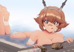  1girl ass bandages bandaid bandaid_on_nose bathing breasts brown_hair english_commentary flipped_hair giant giantess green_eyes ground_vehicle headgear kantai_collection large_breasts licking_lips motor_vehicle mutsu_(kantai_collection) nude radio_antenna raps_(yohomeboyraps) short_hair size_difference solo_focus tongue tongue_out truck 