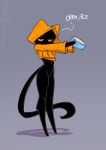  2021 ambiguous_gender anthro black_body black_fur bottomless can clothed clothing conditional_dnp dialogue domestic_cat english_text felid feline felis fur grey_background hoodie jollyjack long_legs mammal orange_eyes simple_background solo text topwear tuna_(food) 