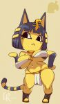  2021 animal_crossing ankha_(animal_crossing) anthro areola bandeau big_breasts big_head blue_hair bottomwear breasts clothed clothing domestic_cat egyptian_clothing egyptian_headdress exposed_breasts eyeliner felid feline felis female footwear fur hair hi_res huge_breasts jewelry leokingdom loincloth makeup mammal necklace nintendo nipple_slip skimpy standing topwear video_games wide_hips yellow_body yellow_fur 