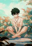  1boy arsh_(thestarwish) barefoot black_hair day feet hands_on_feet indian_style jewelry kemono_jihen kusaka_kabane male_focus muscular muscular_male necklace outdoors red_eyes shirtless short_hair sitting solo 