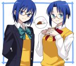  1girl arms_behind_back bangs black-framed_eyewear blue_eyes blue_hair blue_jacket blush bow bowtie breasts buttons ciel_(tsukihime) closed_mouth collared_shirt commentary_request curry eyebrows_visible_through_hair fingers_together food glasses green_bow hair_between_eyes heart jacket long_sleeves looking_at_viewer open_clothes open_jacket own_hands_together parted_bangs pocket red_bow school_uniform shirt short_hair signature simple_background smile speech_bubble tsukihime tsukihime_(remake) uniform vanilla1034 vest white_background white_shirt yellow_vest 