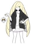  1boy 1girl bangs black_hoodie blonde_hair chibi chibi_inset commentary_request cosplay green_eyes guzma_(pokemon) guzma_(pokemon)_(cosplay) hair_over_one_eye hand_on_hip hood hoodie korean_commentary long_hair looking_down lusamine_(pokemon) nail_polish open_clothes open_hoodie parted_lips pokemon pokemon_(game) pokemon_sm rnehrdyd1212 shirt simple_background white_background white_shirt yellow_nails zipper zipper_pull_tab 