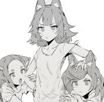  3girls :d animal_ear_fluff animal_ears cat_ears commentary ddari english_commentary fang fingernails greyscale hand_on_another&#039;s_head hand_on_hip highres looking_at_viewer medium_hair monochrome multiple_girls open_mouth original parted_lips shirt short_sleeves smile standing triplets 