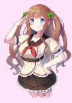  .live 1girl absurdres belt blue_eyes blush breasts brown_hair collarbone commentary_request hair_ribbon highres kakyouin_chieri large_breasts pink_background ribbon salute school_uniform shinori_(efvbji6264) simple_background smile solo virtual_youtuber 