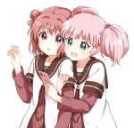  2girls :o akaza_akari cellphone double_bun dress eyebrows_visible_through_hair green_eyes hair_bobbles hair_bun hair_ornament holding holding_arm holding_phone long_sleeves multiple_girls nanamori_school_uniform open_mouth phone pink_hair red_eyes red_hair sailor_dress school_uniform serafuku shikou_sakugo_(qqap9gt9k) short_hair short_over_long_sleeves short_sleeves simple_background twintails white_background yoshikawa_chinatsu yuru_yuri 