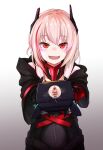  1girl :d artificial_vagina bangs blush dinergate_(girls_frontline) fang girls_frontline gradient gradient_background headgear hood hooded_jacket jacket looking_at_viewer m4_sopmod_ii_(girls_frontline) mechanical_arms og_(erfv4822) open_mouth pink_hair pussy pussy_juice red_eyes ro635_(dinergate) sex_toy smile what 
