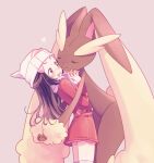  1girl beanie blush coat commentary_request dawn_(pokemon) eyelashes fingernails gen_4_pokemon hand_up hat heart highres hug komasawa_(fmn-ppp) long_hair long_sleeves lopunny open_mouth pink_background pokemon pokemon_(creature) pokemon_(game) pokemon_dppt pokemon_platinum red_coat scarf simple_background sweatdrop thighhighs v-shaped_eyebrows 
