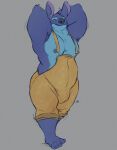  2021 4_toes alien anthro anthrofied armpit_hair biped blue_nipples body_hair bulge clothed clothing digital_drawing_(artwork) digital_media_(artwork) disney experiment_(lilo_and_stitch) eyes_closed feet grainy grey_background hands_behind_head head_tuft hi_res humanoid_feet lilo_and_stitch male minedoo muscular muscular_anthro muscular_male nipples notched_ear overalls pecs simple_background smile solo standing stitch_(lilo_and_stitch) stretching toes tuft 