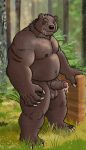  2021 anthro balls belly bodily_fluids brown_body brown_fur drooling erection feathersoars fur genital_fluids genitals hi_res humanoid_genitalia humanoid_penis kemono male mammal moobs musclegut navel nipples outside overweight overweight_anthro overweight_male penis precum saliva solo ursid 