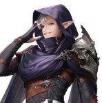  1boy absurdres armor assassin black_gloves cloak cropped ears_through_headwear elf fantasy fingerless_gloves gloves grey_eyes grey_hair highres hood hood_up lizchiefffff male_focus original pauldrons pink_lips pointy_ears purple_cloak shoulder_armor simple_background smile solo teeth thief upper_body white_background 