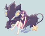  1girl bangs bare_arms barefoot closed_mouth commentary_request dawn_(pokemon) eyelashes gen_4_pokemon grey_background hair_ornament hairclip highres knees_together_feet_apart komasawa_(fmn-ppp) long_hair luxray pink_scarf pokemon pokemon_(creature) pokemon_(game) pokemon_dppt scarf sidelocks simple_background sitting smile toes 