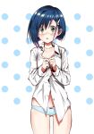  ass_visible_through_thighs asymmetrical_hair bangs blue_background blue_hair blue_panties blush bob_cut bow bow_panties collarbone commentary cowboy_shot darling_in_the_franxx dress_shirt embarrassed furrowed_eyebrows green_eyes hair_between_eyes hair_ornament hairclip hands_on_own_chest ichigo_(darling_in_the_franxx) looking_at_viewer lowleg lowleg_panties no_pants nose_blush panties parted_lips partially_unbuttoned polka_dot polka_dot_background red_bow shiro_nezumi125 shirt short_hair swept_bangs thigh_gap unbuttoned unbuttoned_shirt unbuttoning underwear undressing white_background white_shirt 