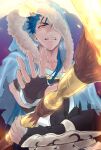  1boy angry blue_hair capelet closed_mouth cu_chulainn_(fate)_(all) cu_chulainn_(fate/grand_order) earrings fangs fate/stay_night fate_(series) fire fur-trimmed_hood fur_trim highres holding holding_staff hood hood_up hooded_capelet jewelry long_hair looking_at_viewer male_focus outstretched_hand red_eyes solo spiked_hair staff type-moon vambraces wooden_staff zunda_(stnt_ubw) 