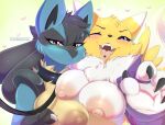  &lt;3 anthro anthro_on_anthro big_breasts blush breast_squish breasts canid canine clothing collar digimon digimon_(species) duo fangs female female/female fingerless_gloves gloves grope handwear leash lucario mammal nintendo nipples one_eye_closed open_mouth piercing pok&eacute;mon pok&eacute;mon_(species) pouting rainbowscreen renamon squish teasing tongue tongue_out tongue_piercing video_games wink 