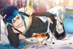  1boy alcohol bed blue_hair bracelet covered_navel cu_chulainn_(fate)_(all) cu_chulainn_(fate/grand_order) dated earrings elbow_gloves fang fate/grand_order fate_(series) fingerless_gloves food fruit fruit_cup gem gloves gold grapes head_rest highres holy_grail_(fate) jewelry licking_lips long_hair lying male_focus muscular necklace on_side open_mouth pectorals pillow red_eyes skin_tight solo spiked_hair tank_top tongue tongue_out zunda_(stnt_ubw) 